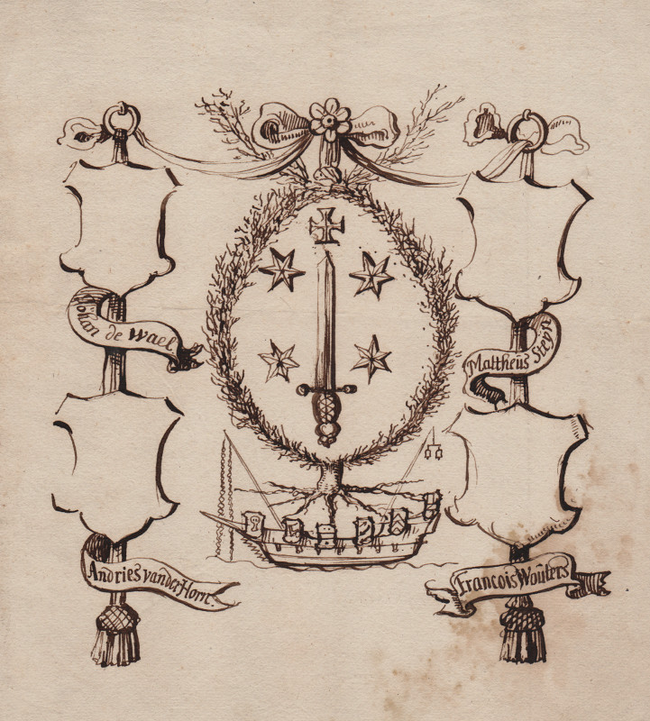 afbeelding van prent Het wapen van Haarlem en vier burgemeesters van nn (Haarlem)