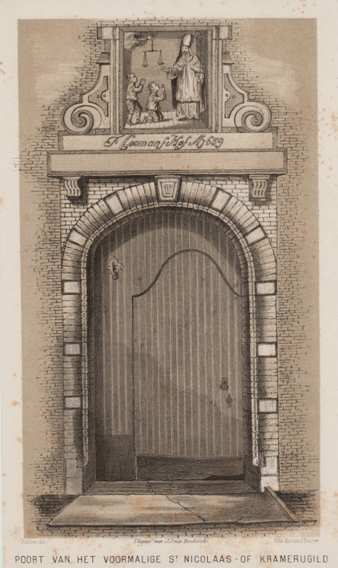 afbeelding van prent Poort van het voormalige St. Nicolaas - of Kramerijgild van F. Allan, Emrik en Binger (Haarlem)