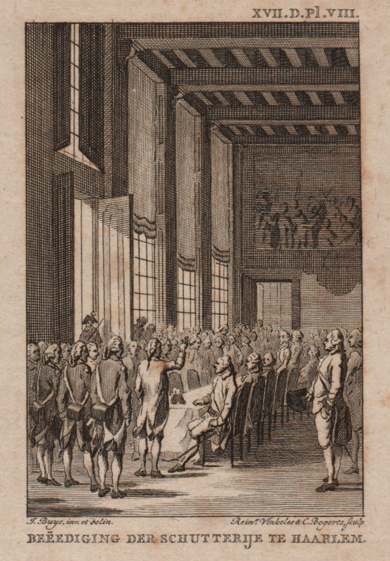 afbeelding van prent Beeediging der Schutterije te Haarlem van R. Vinkeles en C. Bogerts, J. Buys