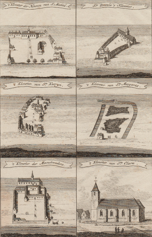 afbeelding van prent ´t Klooster der Nonnen van S. Michiel;  Ste Ursula´s Klooster; ´t Klooster van Ste van Hendrik Spilman naar Thomas Thomaszoon (Haarlem)