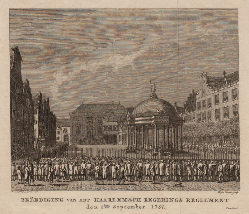 afbeelding van prent Beeediging van het Haarlemsch Regerings Reglement den 5den September 1787 van V. v.d. Vinne, J.P. Visser Bender (Haarlem)