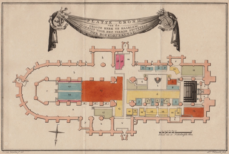 afbeelding van prent Plattegrond van de Groote Kerk te Haarlem: Ingerigt voor het vierde eeuwfeest der Boekdrukkunst van H. van Zutphen, D.t. Veelwaard. (Haarlem)