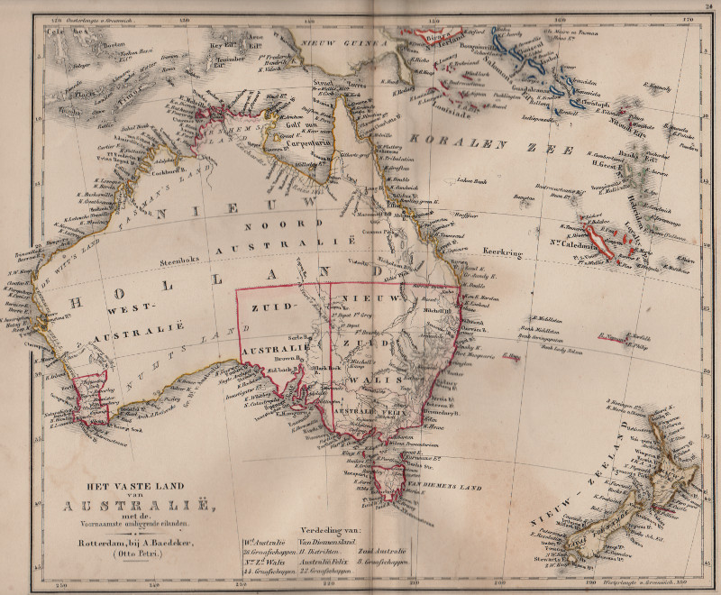 afbeelding van kaart Het Vaste Land van Australië met de Voornaamste omliggende eilanden van D. Heyse, A. Baedeker