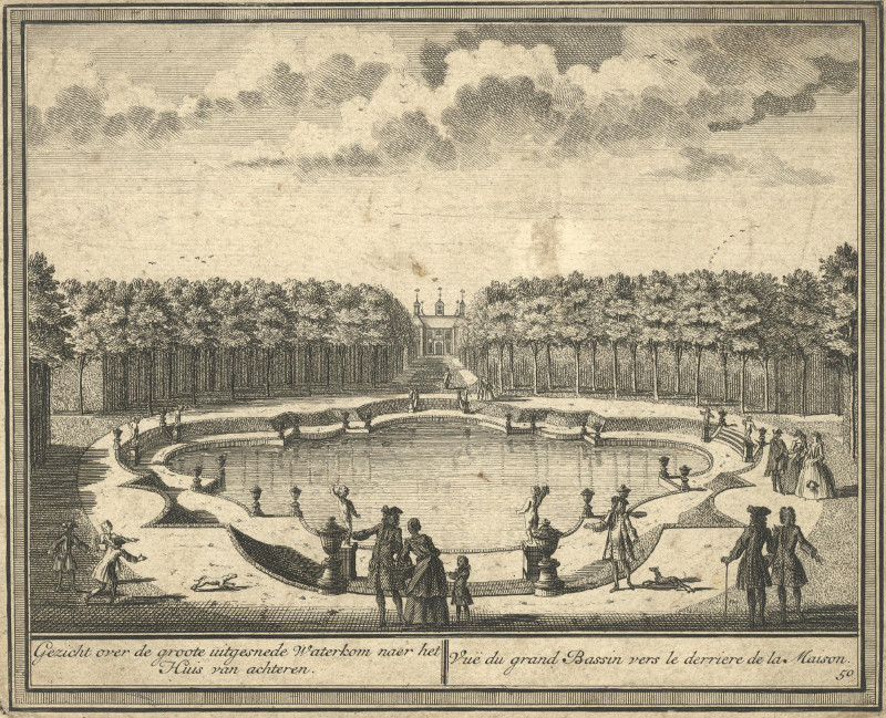 afbeelding van prent Gezicht over de groote uitgesnede Waterkom naer het Huis van achteren van Hendrik de Leth (Velsen)