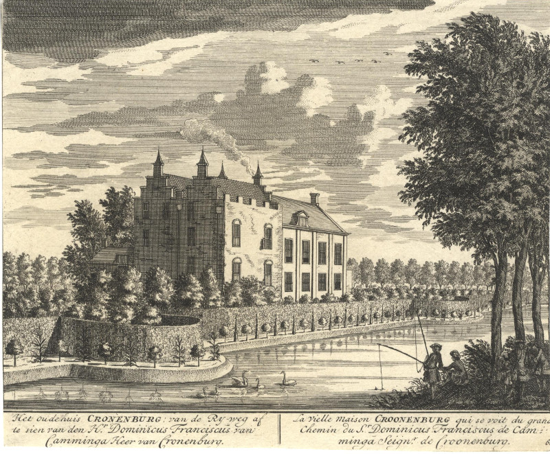 afbeelding van prent Het oude huis Cronenburg: van de Ry-weg af te sien van den Hr. Dominicus Franciscus van Camminga van Daniel Stoopendaal (Loenen)