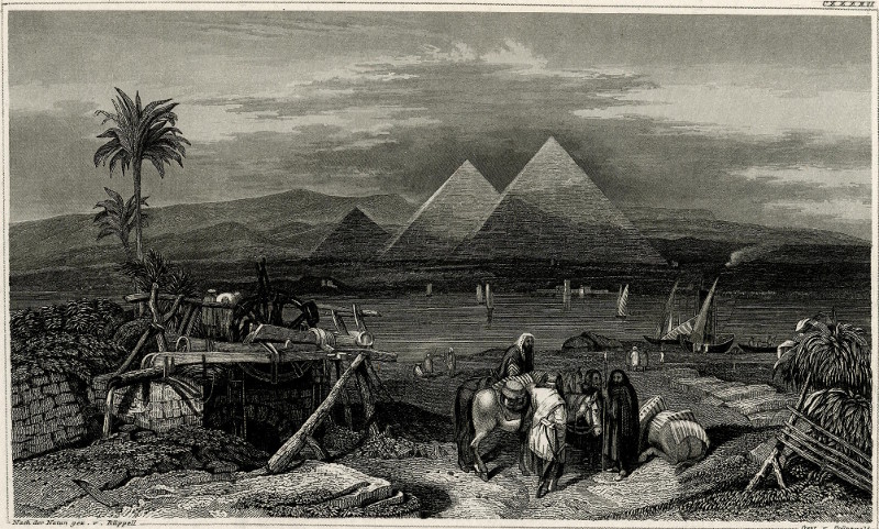 afbeelding van prent Die pyramiden bey Gizeh in Aegypten van R. Kuppel, R. Grunewald (Gizeh, Giza)
