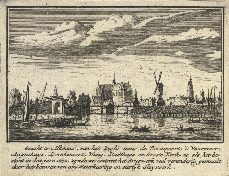 afbeelding van prent Gezicht te Alkmaar, van het Zeglis naar de Boompoort, ´t Voormeer, Accynshuys.. van J.M. Bregmagher, naar A. Rademaker (Alkmaar)