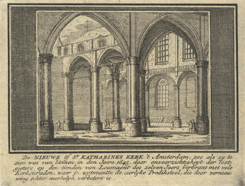 afbeelding van prent De Nieuwe of St. Katharines Kerk ´t Amsterdam, zoo als zy te zien was van binnen in den Jaere  van A. Rademaker (Amsterdam)