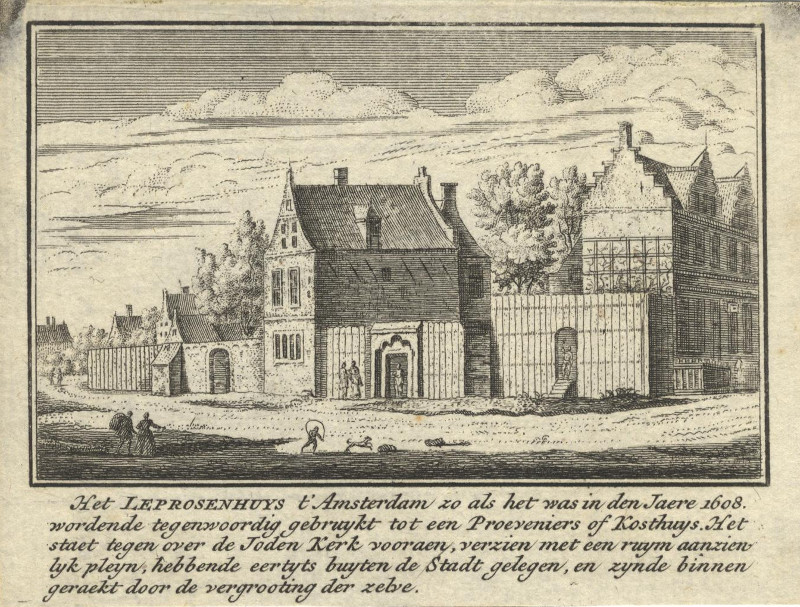 afbeelding van prent Het Leprosenhuys t´Amsterdam zo als het was in den Jaere 1608. van A. Rademaker (Amsterdam)