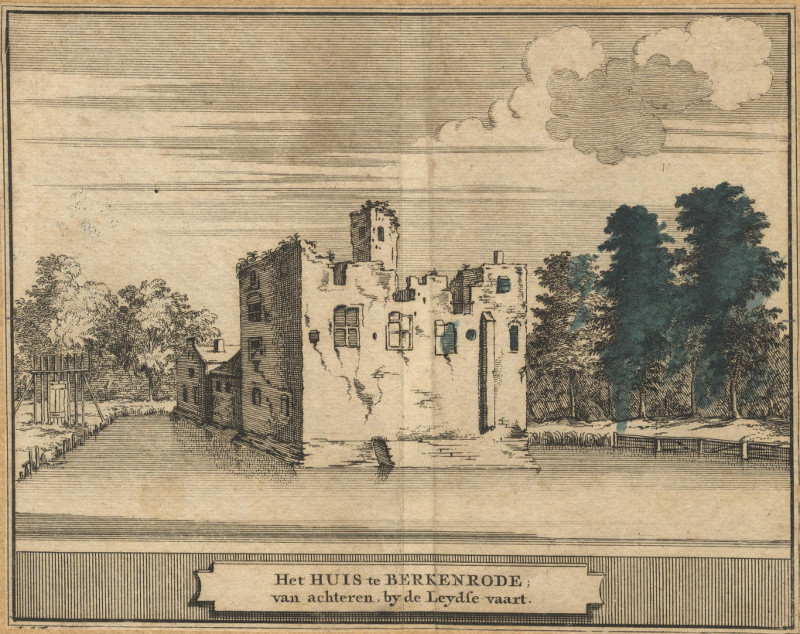 afbeelding van prent Het Huis te Berkenrode van achteren, by de Leydse vaart van J. Schijnvoet, naar R. Roghman (Heemstede)