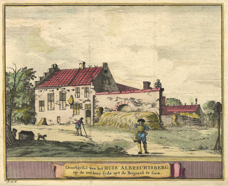 afbeelding van prent Overblyfsel van het Huis Albrechtsberg; op de rechter syde uyt de Bogaard te sien van J. Schijnvoet, naar R. Roghman (Bloemendaal)