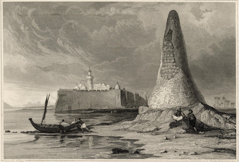 afbeelding van prent Die Schaedel  - pyramide bei Tebah in Africa van T. Allom, I.G. Martini Rudolstadt (Djerba)