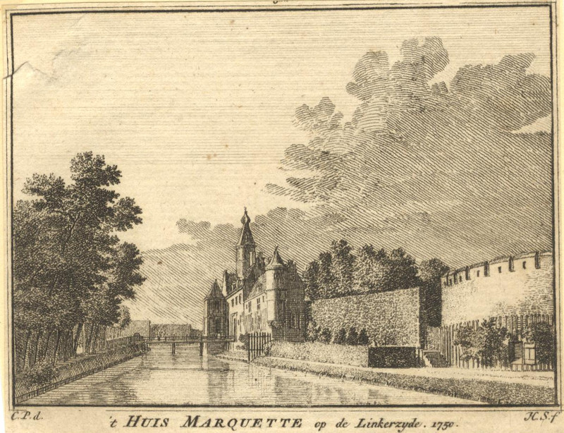 afbeelding van prent ´t Huis Marquette op de Linkerzyde. 1750 van H. Spilman, C. Pronk (Heemskerk)