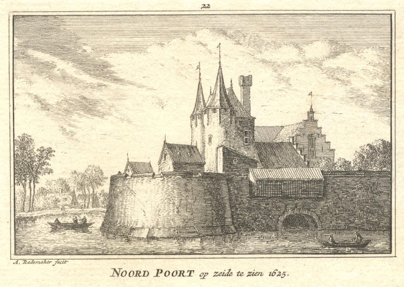 afbeelding van prent Noord Poort op zeide te zien 1625 van A. Rademaker (Hoorn)