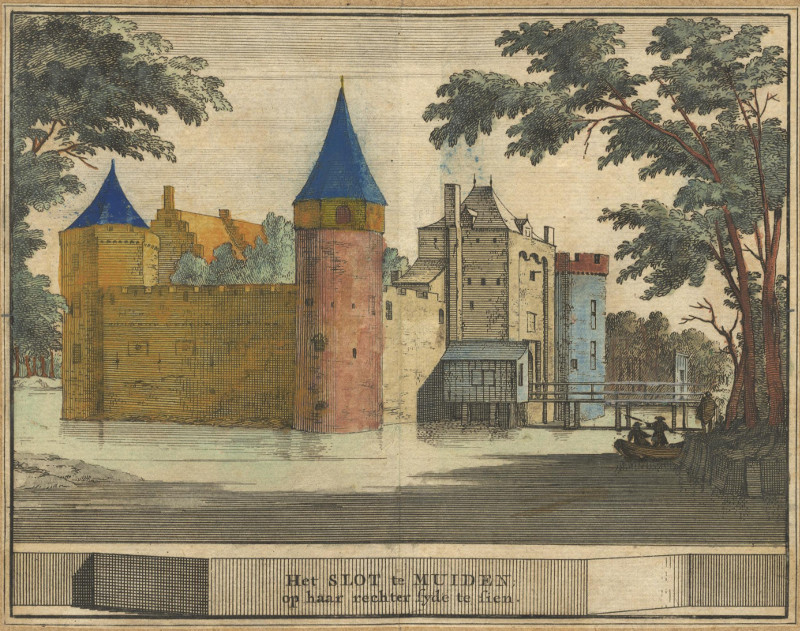 afbeelding van prent Het Slot te Muiden op haar rechter syde te sien van J. Schijnvoet, naar R. Roghman (Muiden)