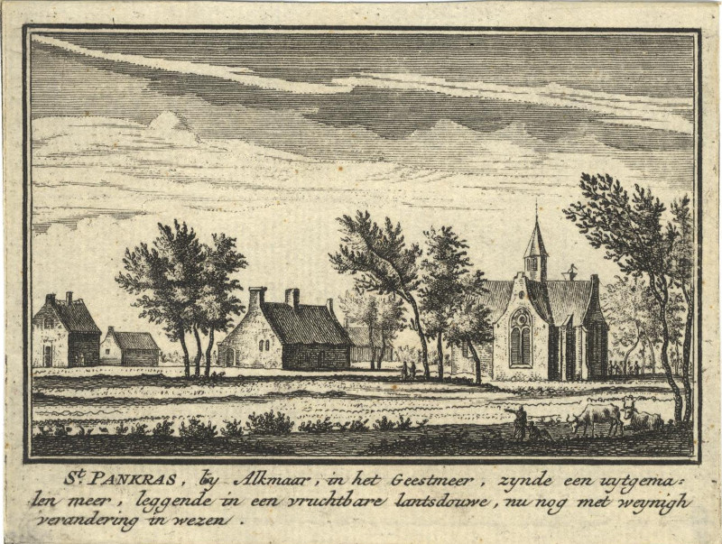 afbeelding van prent St. Pankras, by Alkmaar, in het Geestmeer, zynde een uytgemalen meer van A. Rademaker (Sint Pancras)