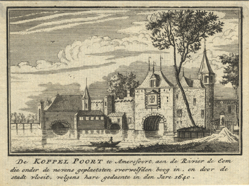 afbeelding van prent De Koppel Poort te Amersfoort aen de Rvier de Eem van A. Rademaker (Amersfoort)