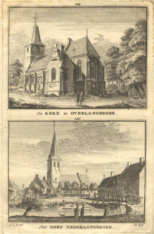 afbeelding van prent De Kerk te Overlangbroek, Het Dorp Nederlangbroek van H. Spilman, J. de Beijer (Langbroek)