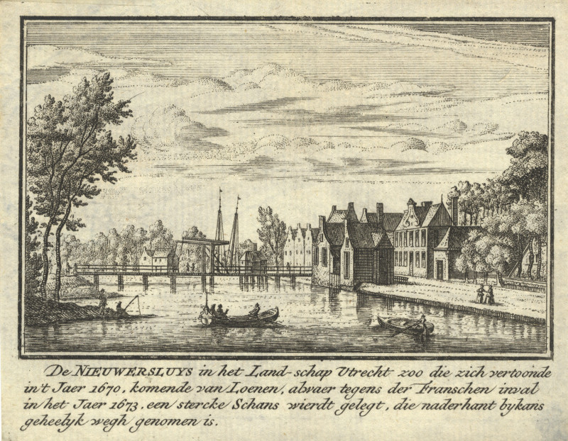 afbeelding van prent De Nieuwersluis in het Landschap Utrecht zoo die zich vertoonde in ´t Jaer 1670 van J.M. Bregmagher, naar A. Rademaker (Nieuwersluis)