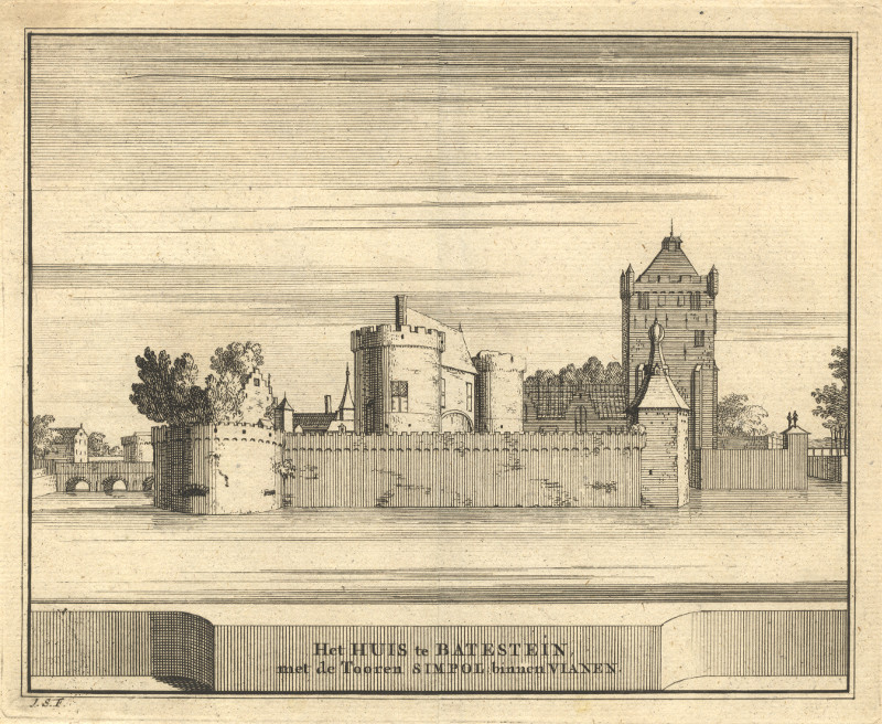afbeelding van prent Het Huis te Batestein met de Tooren Simpol binnen Vianen van J. Schijnvoet (Vianen)