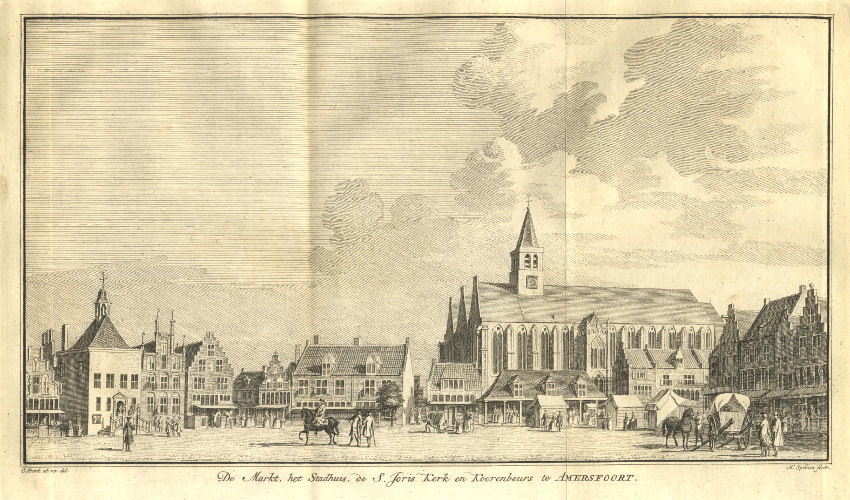 afbeelding van prent De Markt, het Stadhuis, de S. Joris Kerk en Koorenbeurs te Amersfoort van H. Spilman, C. Pronk (Amersfoort)