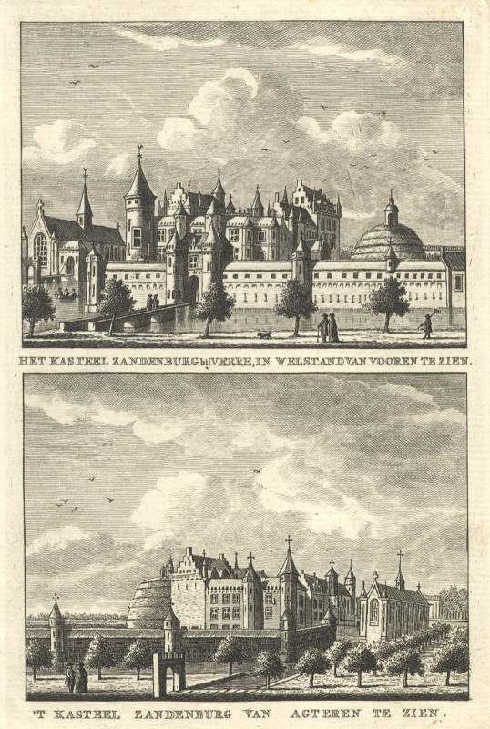 afbeelding van prent Het Kasteel Zandenburg bij Veere, in welstand van vooren te zien; van agteren te zien. van C.F. Bendorp, J. Bulthuis (Veere)