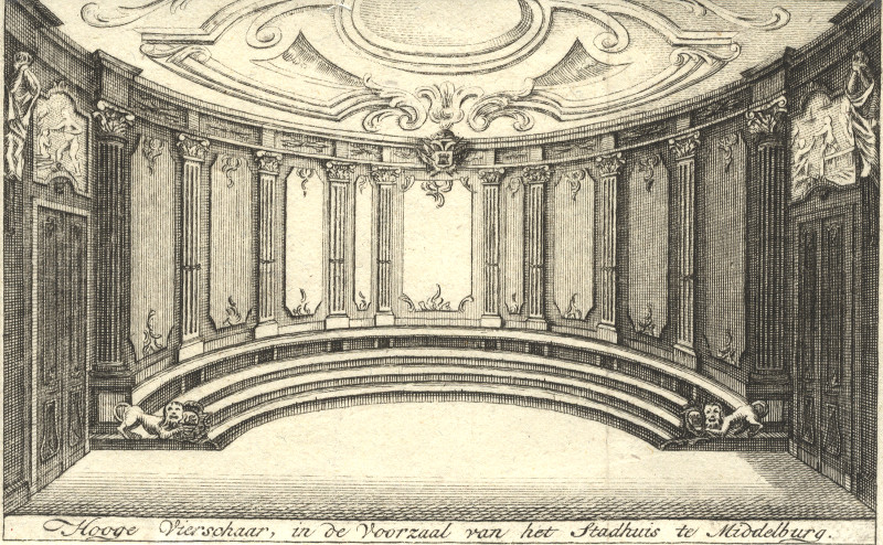 afbeelding van prent Hooge Vierschaar, in de Voorzaal van het Stadhuis te Middelburg van nn (Middelburg)