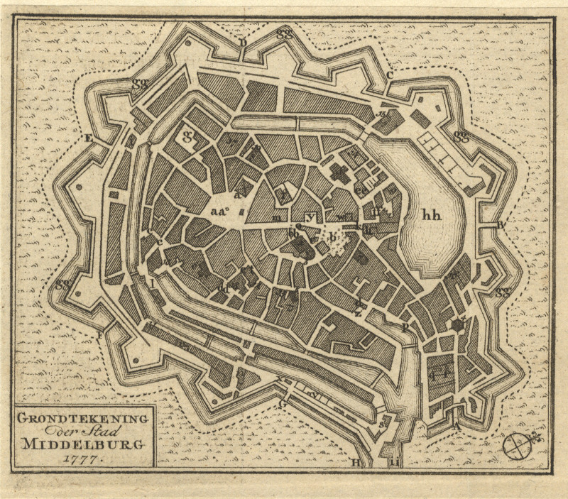 afbeelding van prent Grondtekening der stad Middelburg 1777 van nn (Middelburg)