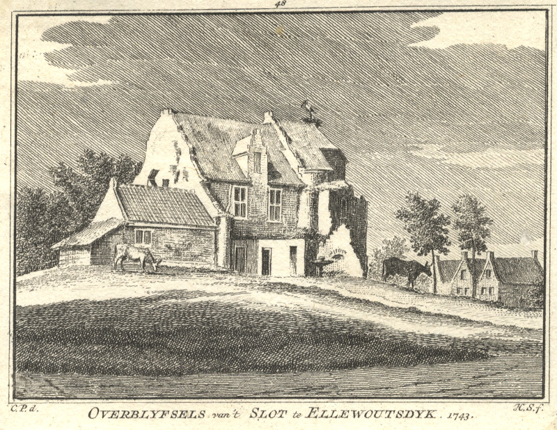 afbeelding van prent Overblyfsels van ´t Slot te Ellewoutsdyk 1743 van H. Spilman, C. Pronk (Ellewoutsdijk)