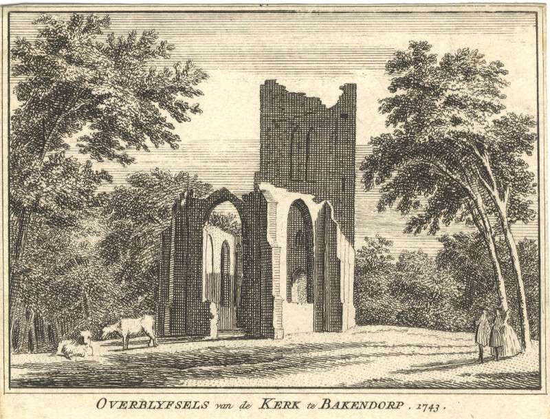 afbeelding van prent Overblyfsels van de Kerk te Bakendorp; 1743 van H. Spilman, C. Pronk (Borsele)