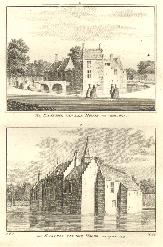 afbeelding van prent Het Kasteel van der Hooge van vooren; van agteren. 1743 van H. Spilman, C. Pronk (Middelburg)