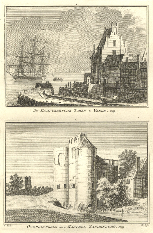 afbeelding van prent De Kampveersche Toren te Veere; Overblyfsels van ´t kasteel Zandenburg van H. Spilman, C. Pronk (Veere)