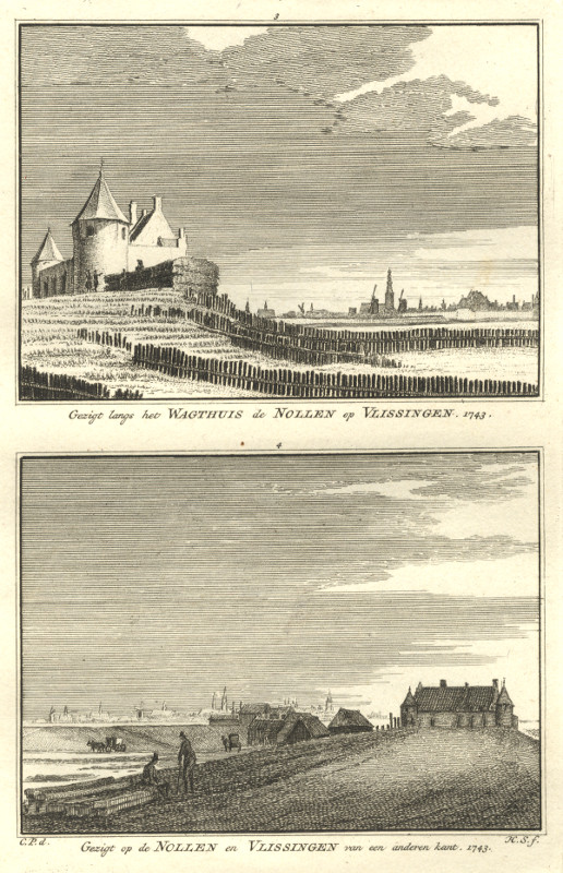 afbeelding van prent Gezigt langs het Wagthuis de Nollen op Vlissingen; Gezigt op de Nollen en Vlissingen van ... van H. Spilman, C. Pronk (Vlissingen, Flushing)