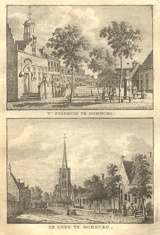 afbeelding van prent T´Stadhuis te Domburg; De Kerk te Domburg van C.F. Bendorp, J. Bulthuis (Domburg)