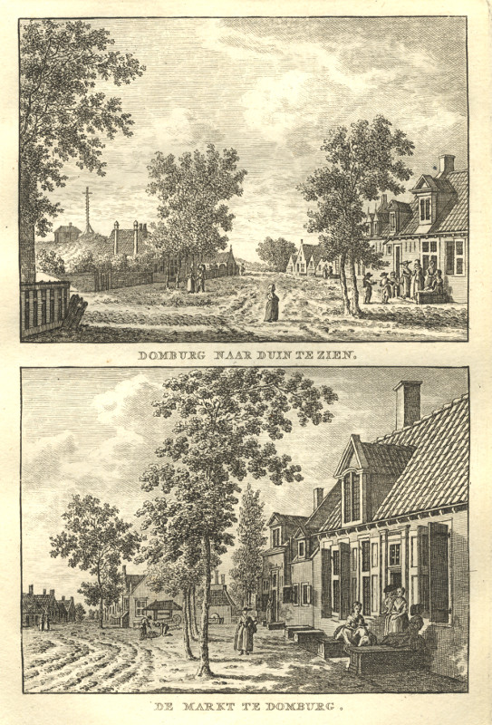afbeelding van prent Domburg naar duin te zien; De markt te Domburg van C.F. Bendorp, J. Bulthuis (Domburg)