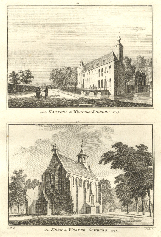 afbeelding van prent Het Kasteel te Wester-Souburg; De Kerk te Wester-Souburg 1743 van H. Spilman, C. Pronk (West-Souburg)