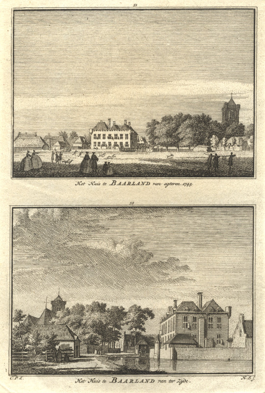 afbeelding van prent Het Huis te Baarland van agteren; Het Huis te Baarland van ter zyde. 1745 van H. Spilman, C. Pronk (Baarland)