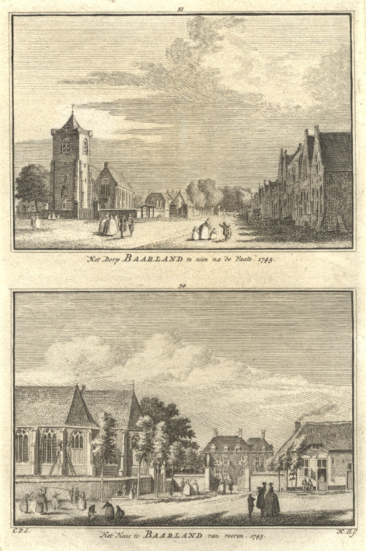 afbeelding van prent Het Dorp Baarland te zien na de vaate; Het Huis te Baarland van vooren. 1745 van H. Spilman, C. Pronk (Baarland)