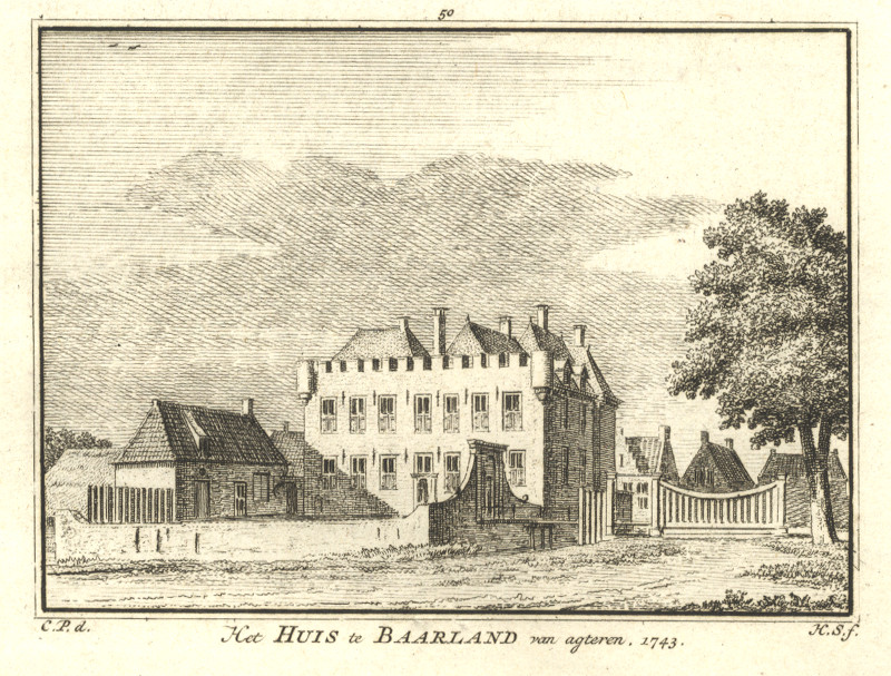 afbeelding van prent Het Huis te Baarland van agteren 1743 van H. Spilman, C. Pronk (Baarland)