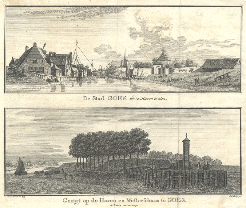 afbeelding van prent De Stad Goes uit de Haven te zien; Gezigt op de Haven en Westerschans te Goes. van C. Pronk, J.C. Philips (Goes)