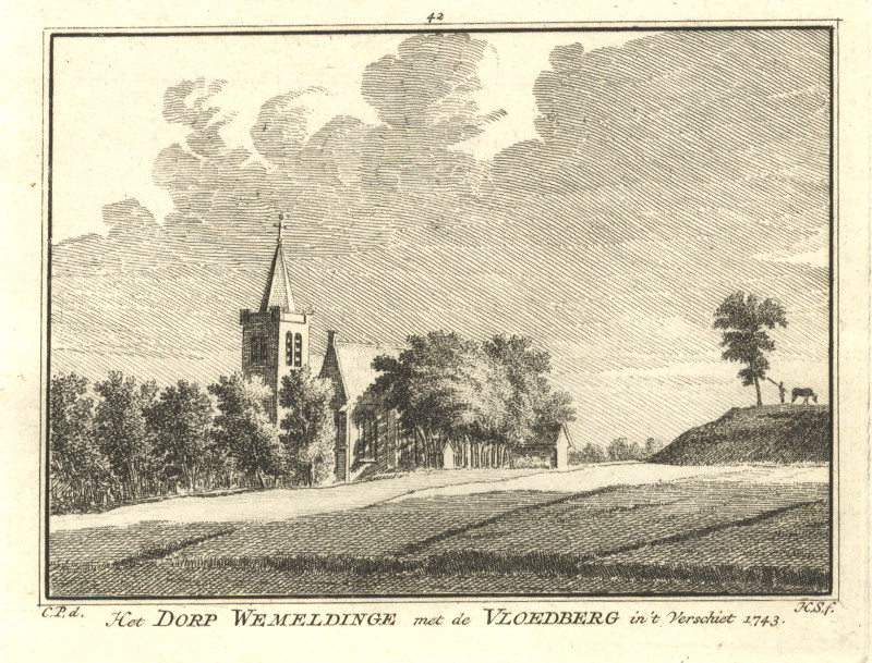 afbeelding van prent Het Dorp Wemeldinge met de Vloedberg in ´t Verschiet 1743 van H. Spilman, C. Pronk (Wemeldinge)