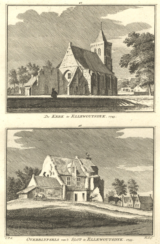 afbeelding van prent De kerk te Ellewoutsdyk; Overblijfsels van´t Slot te Ellewoutsdyk 1743 van H. Spilman, C. Pronk (Ellewoutsdijk)