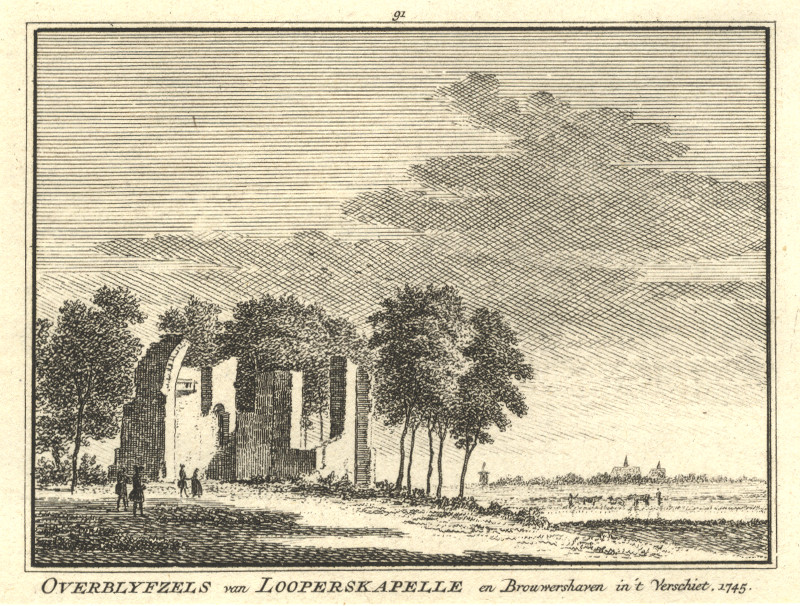afbeelding van prent Overblyfsels van Looperskapelle en Brouwershaven in ´t Verschiet. 1745 van H. Spilman, C. Pronk (Schouwen-Duiveland)
