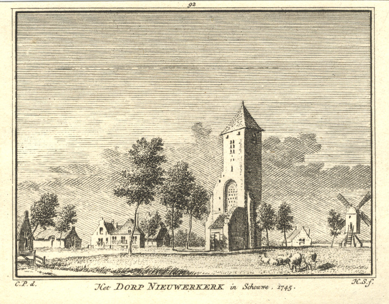 afbeelding van prent Het Dorp Nieuwerkerk in Schouw 1745 van H. Spilman, C. Pronk (Nieuwerkerk)