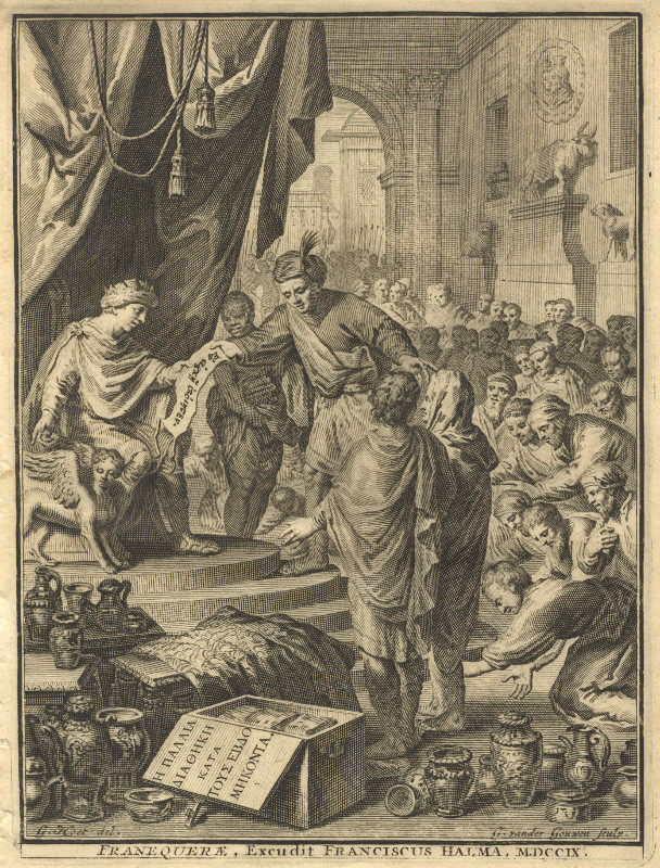 afbeelding van prent Bijbelse voorstelling, titelblad Oude Testament in Grieks van Gerard Hoet, Gilliam van der Gouwen