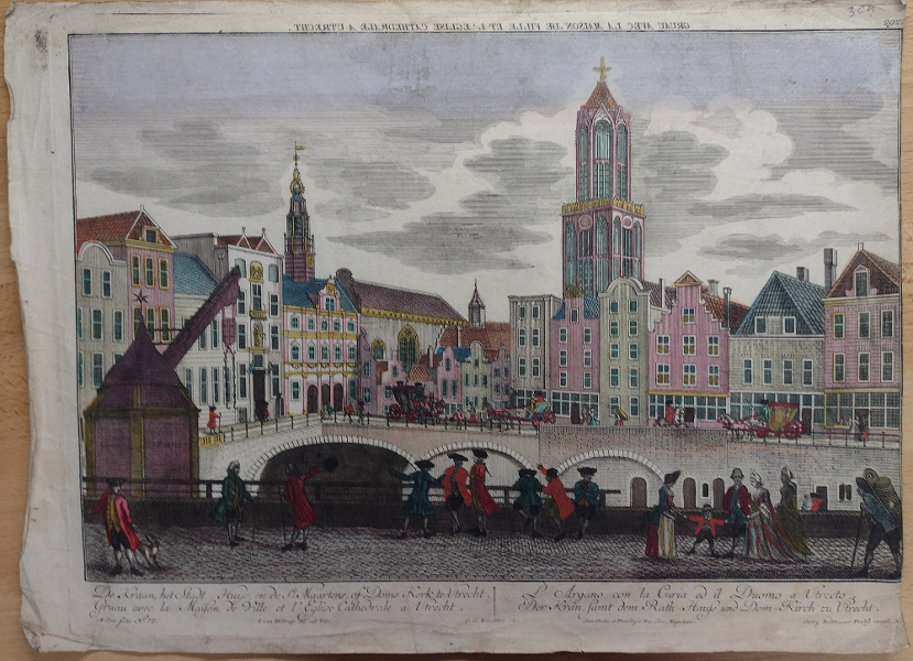 afbeelding van prent De Kraan, het Stadt-Huys, en de St. Maartens, of Doms Kerk te Utrecht van J. van Hiltrop, G.G. Winckler (Utrecht)