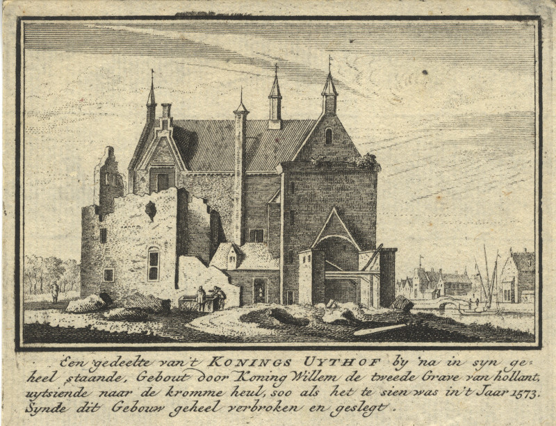 afbeelding van prent Een gedeelte van ´t Konings Uythof by na in syn geheel staande van J.M. Bregmagher, naar A. Rademaker (Delft)