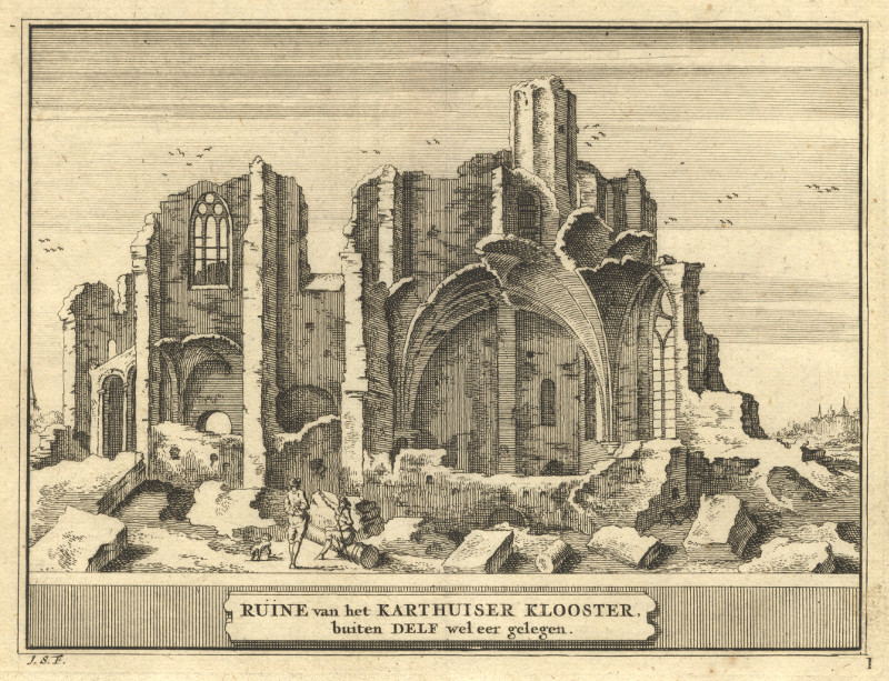 afbeelding van prent Ruine van het Karthuiser Klooster; buiten Delf wel eer gelegen van J. Schijnvoet (Delft)