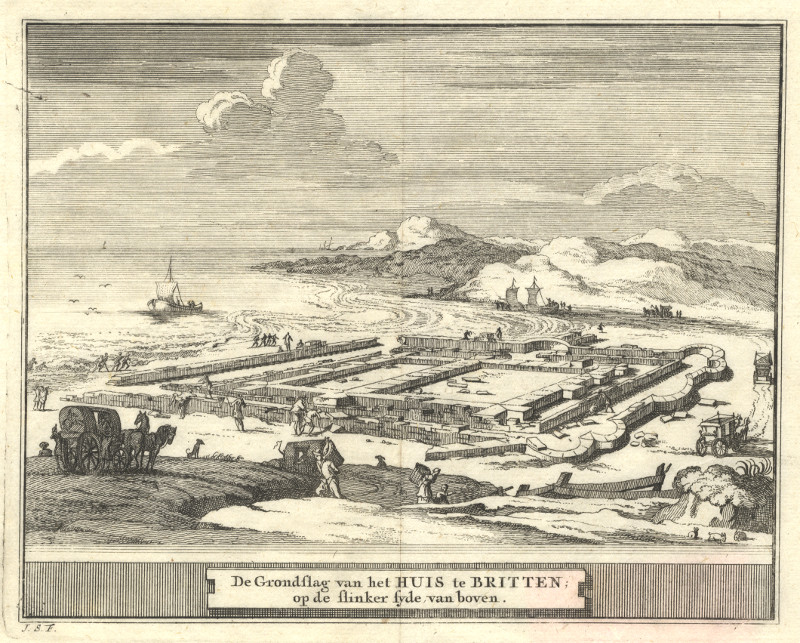 afbeelding van prent De Grondslag van het Huis te Britten; op de slinker syde van boven van J. Schijnvoet, naar J. Goeree (Katwijk)
