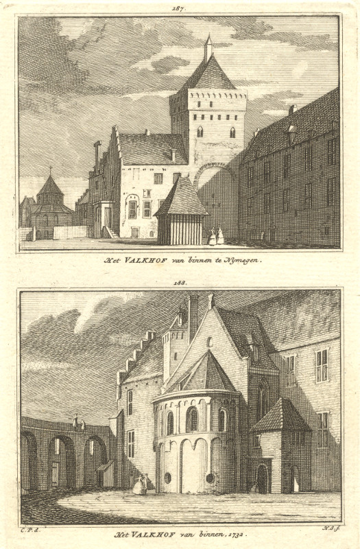 afbeelding van prent Het Valkhof van binnen te Nijmegen; Het Valkhof van binnen, 1732 van H. Spilman, C. Pronk (Nijmegen)